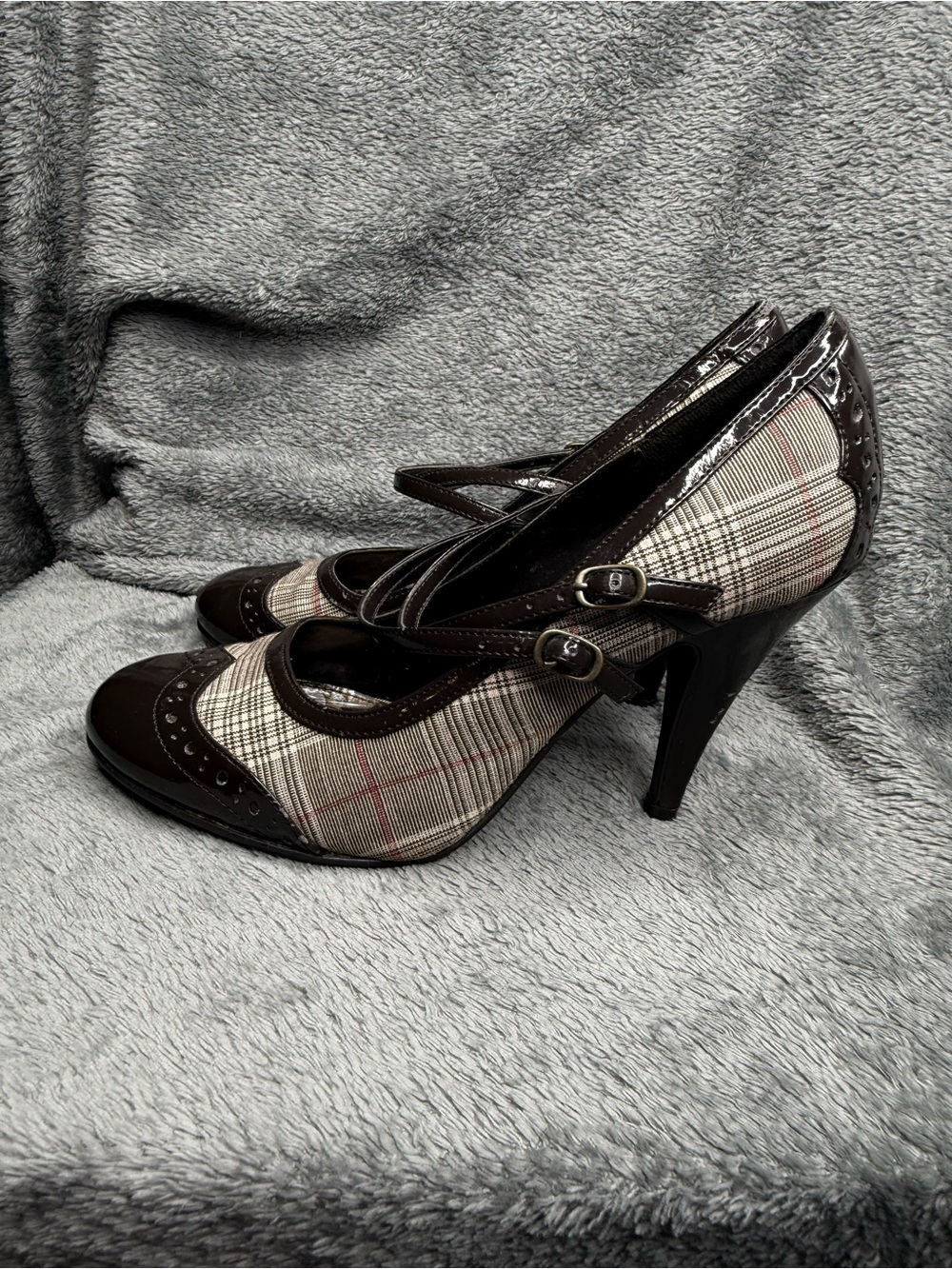 Plaid Mary Jane High Heels with Dark Brown Patent Trim